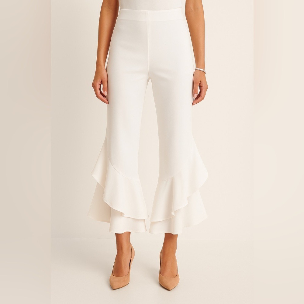 Zara White Ruffle Hem Wide-Leg Pants (Size XS)